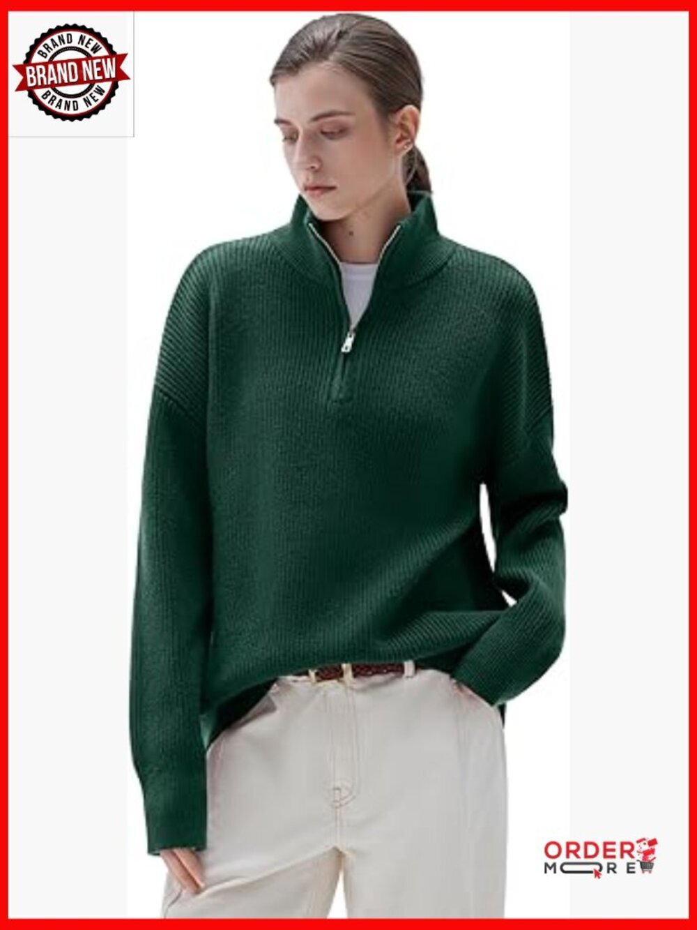 Oversized Quarter Zip Cashmere Blend Pullover Sweater Long Sleeve Mock Neck